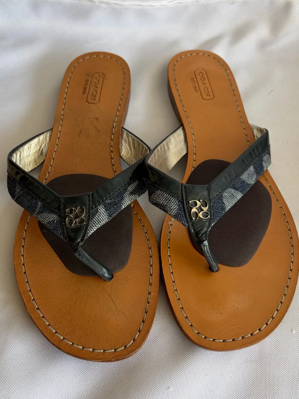 Coach Sydney Thong Sandals‎ Womens 10 Blue Tan Logo Pattern Leather Flat Sandal